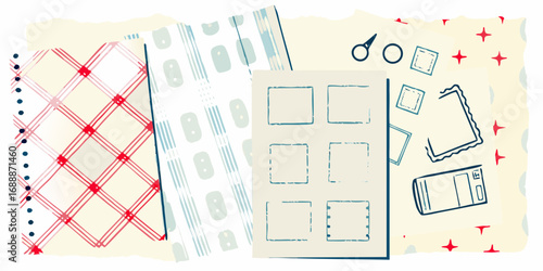 Collection of scrapbook elements including patterned paper frames scissors and decorative stamps