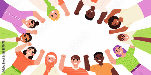Diverse group of happy people with raised fists in a circle celebrating unity and strength
