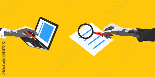 Business hands using a laptop and magnifying glass over documents on a bright yellow background
