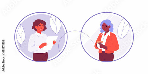 Two diverse women in separate bubbles communicating digitally or remotely with a connection line