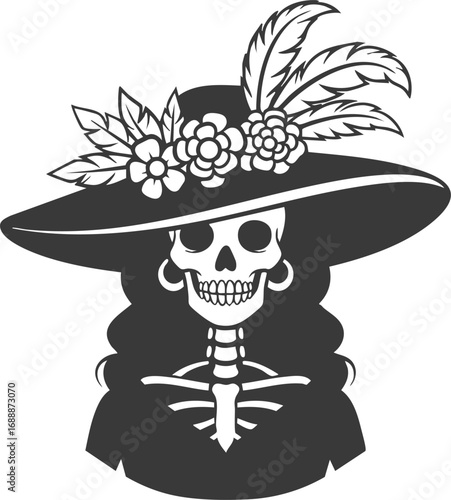 La Calavera Catrina for Dia de los Muertos, a Sugar Skull Woman Vector Illustration with a Transparent Background
