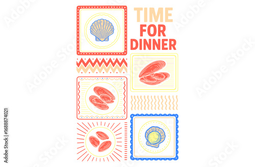 Seashell and oyster design. Restaurant food artwork. Sound of the sea. Dinner club print design. Seashell vintage artwork. Summer vibes artwork.  Food stall t shirt artwork. 