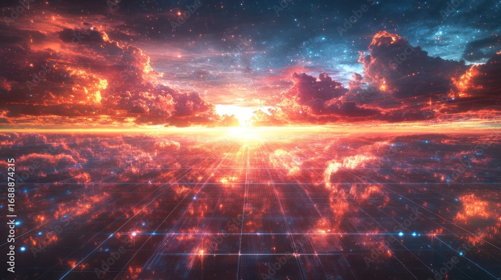 Fototapeta premium Sunrise over a digital cloud landscape; futuristic sky
