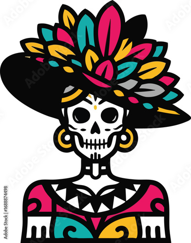 La Calavera Catrina for Dia de los Muertos, a Sugar Skull Woman Vector Illustration with a Transparent Background