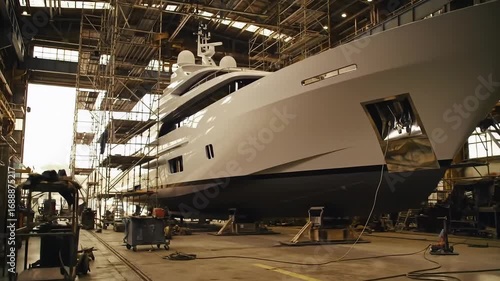 Large white luxury yacht under construction in an industrial shipyard