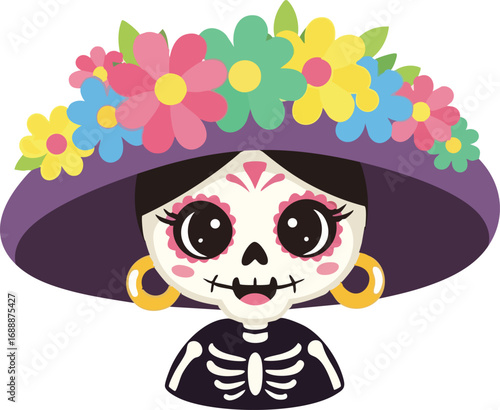 La Calavera Catrina for Dia de los Muertos, a Sugar Skull Woman Vector Illustration with a Transparent Background
