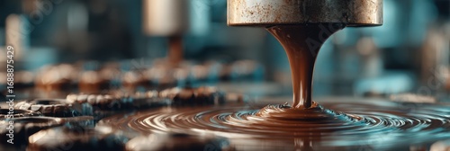 Liquid chocolate flows smoothly from a dispenser in a confectionery workshop at midday