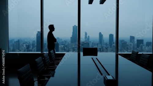 High office view of city skyline with person looking out. Suitable for business concepts, urban lifestyle, office settings, and corporate visuals.