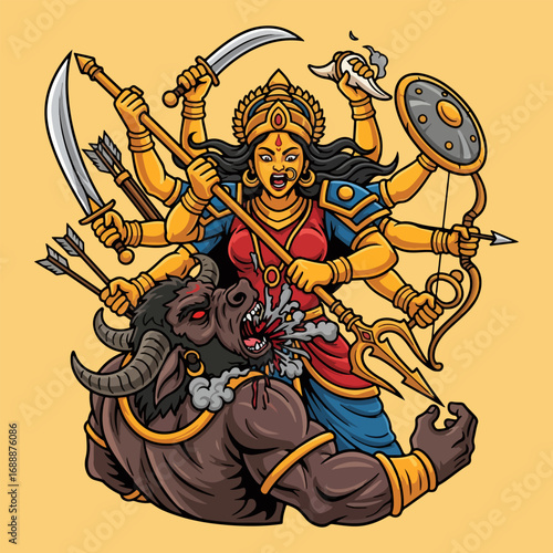 illustration of goddess Durga slaying demons