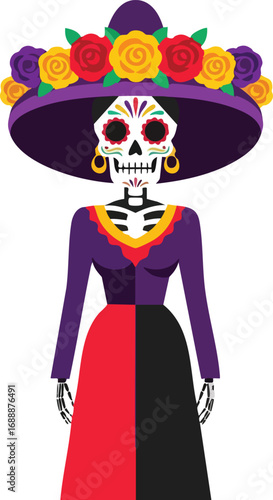La Calavera Catrina for Dia de los Muertos, a Sugar Skull Woman Vector Illustration with a Transparent Background