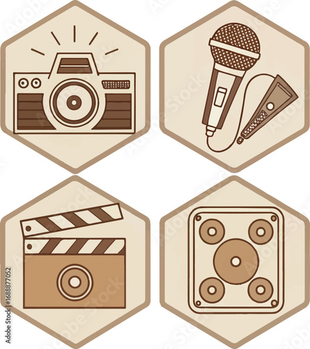 Vintage Music and Photography Icons with Microphone, Camera, Clapperboard, and Speaker
