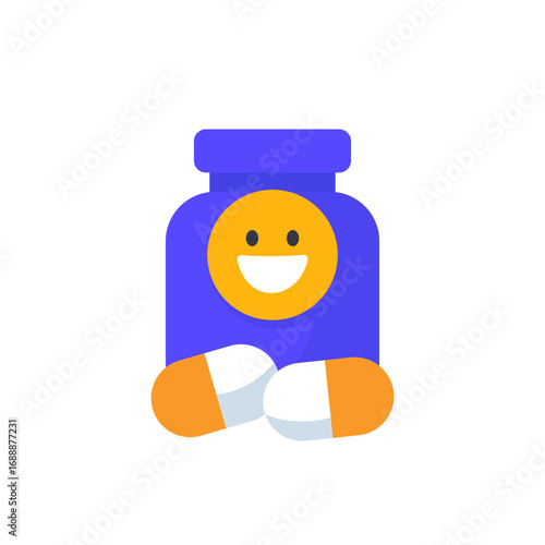 antidepressant pills icon with happy emoji, flat design