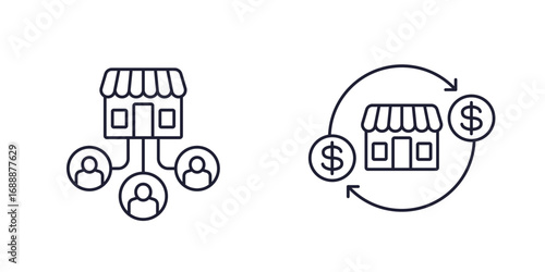 retail line icons, shop and customers