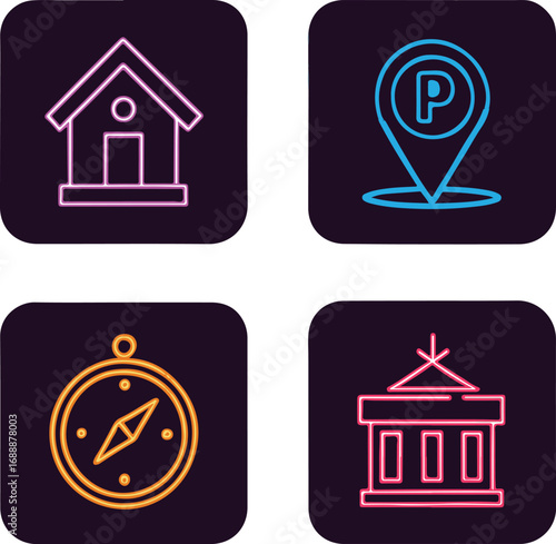Neon Glowing Map Location Icons Set: House, Parking, Compass, Government Building