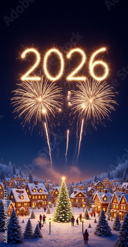 Happy New Year 2026 Celebration with Fireworks Over Snowy Village and Christmas Tree