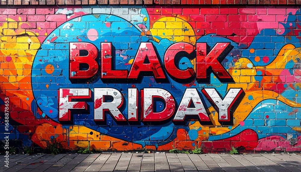 Obraz premium Vivid graffiti art featuring bold Black Friday lettering on a colorful brick wall