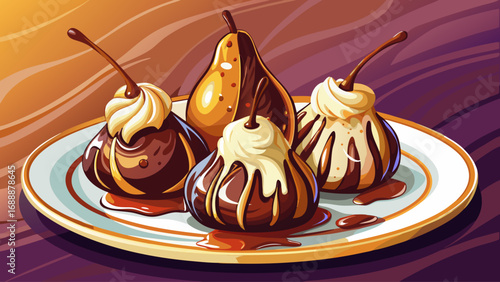 Poached pears draped in chocolate sauce with vanilla ice cream shine beautifully. On a refined plate, isolated background reflects French elegance, harmony of textures, and timeless culinary poetry.