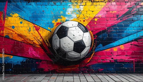 Vibrant soccer ball graffiti on a brick wall featuring bold colors and dynamic splatters