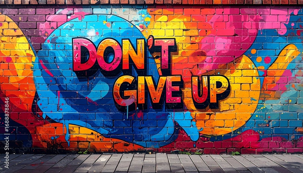 Obraz premium Colorful brick wall graffiti art with the motivational message Don't Give Up