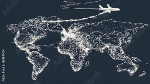 Fototapeta Naklejka Na Ścianę i Meble -  Stylized world map with airplane flight path illustration.
