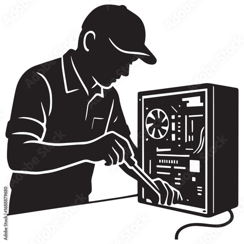 IT technician fixing a computer silhouette , fixing problem of pc silhouette