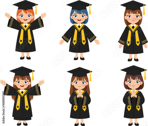 Happy cartoon girls wearing black and yellow graduation gowns and caps, celebrating academic success, education achievement, diverse students vector illustration.