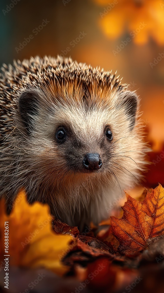 Fototapeta premium Hedgehog among autumn leaves in a vibrant forest setting captures the charm of wildlife in nature