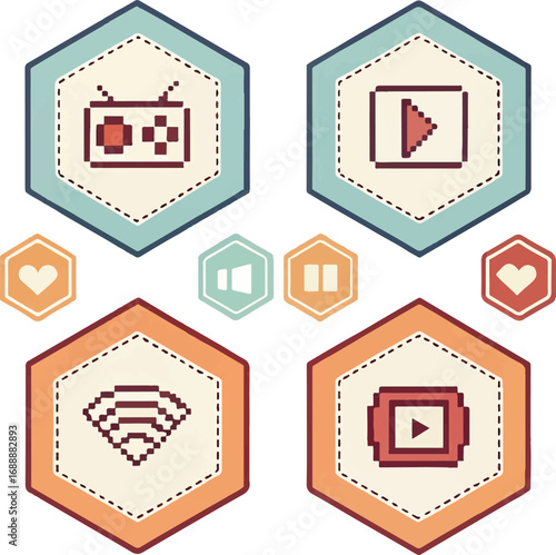 Vintage Hexagon Media and Communication Icons Set – Radio, Play Button, WiFi, Video