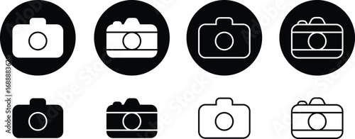 Camera icon set collection group in black flat and line style, photography device symbol pack, photo capture shoot equipment bundle, isolated on transparent background, vector illustration