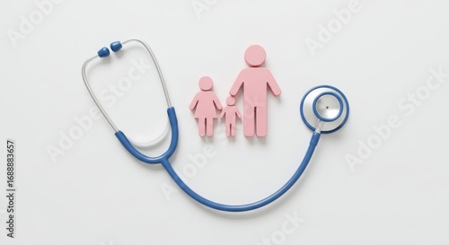 Stethoscope and two pink figures representing a parent and child on white.