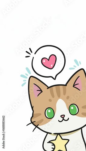  Adorable Kawaii Cat with a Heart and Star, Cute Feline Vector Illustration for Social Media Stories, Phone Wallpapers, and Design 