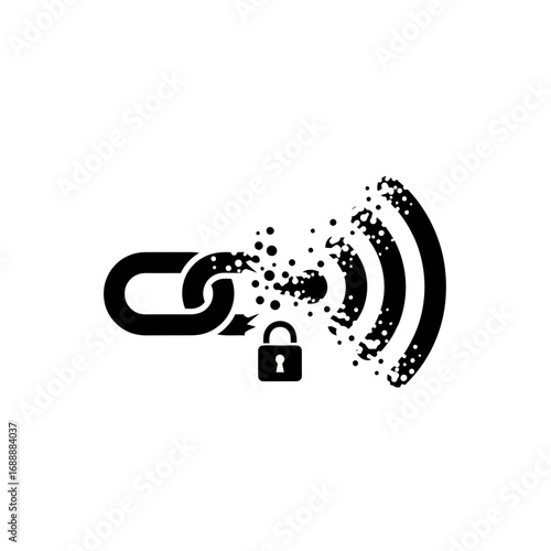Secure connection breaking into wireless signal silhouette isolated on white background