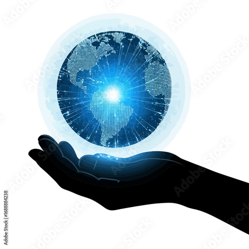 Hand holding glowing digital earth silhouette isolated on white background