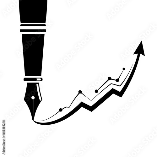 Fountain pen drawing an upward trending graph silhouette isolated on white background
