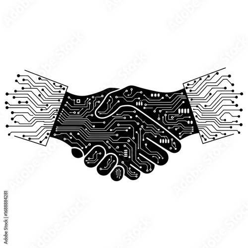 Digital handshake with circuit board pattern silhouette isolated on white background