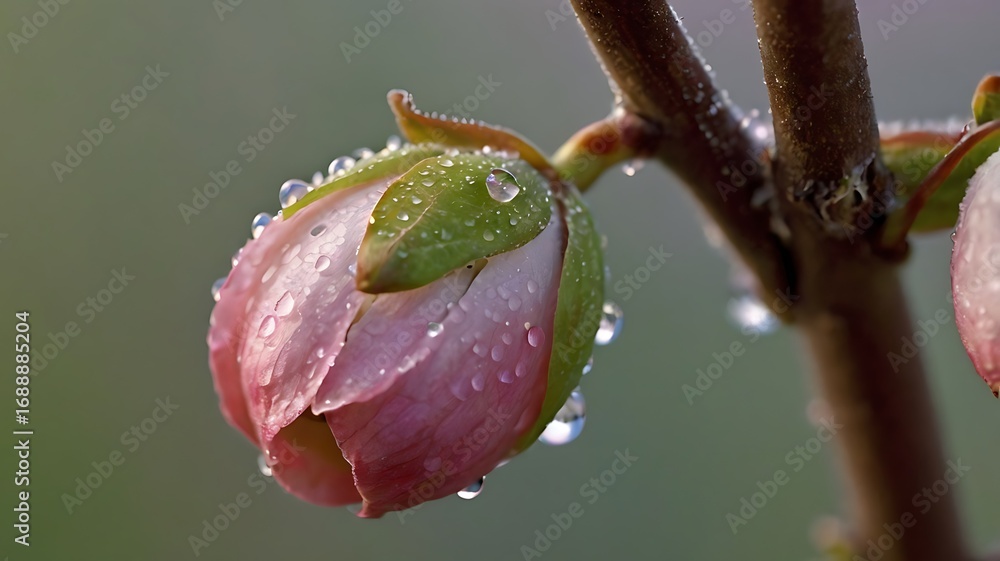 Fototapeta premium Closeup of a single apple blossom bud still tightly closed with morning dew drops nature spring growth floral botanical delicate