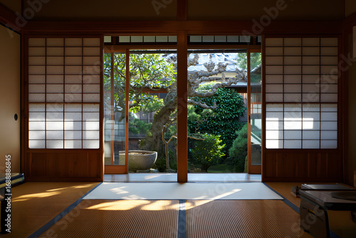 View of a japanese garden through the open shoji doors of a traditional japanese room in kyoto, japan