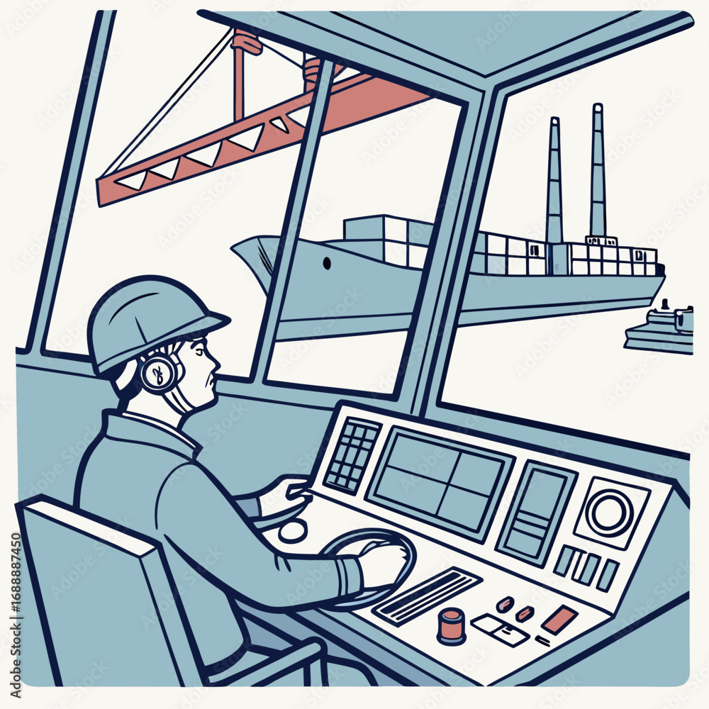 Fototapeta premium Dockworker Operating a Ship in a Control Room