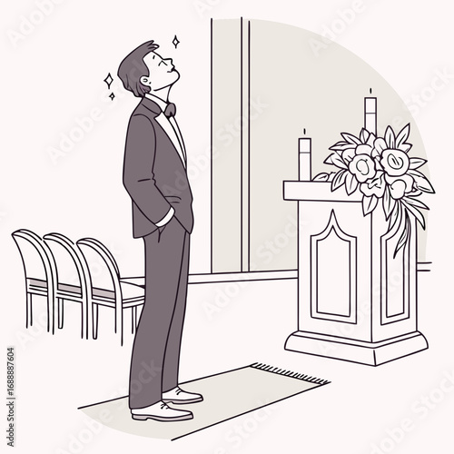 Elegant Groom in Tuxedo Awaits at Wedding Altar