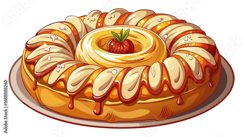 Savarin ring-shaped cake soaked in syrup and filled with cream gleams richly. Isolated background expresses Parisian grandeur, festive indulgence, and the timeless heritage of French pastry artistry.