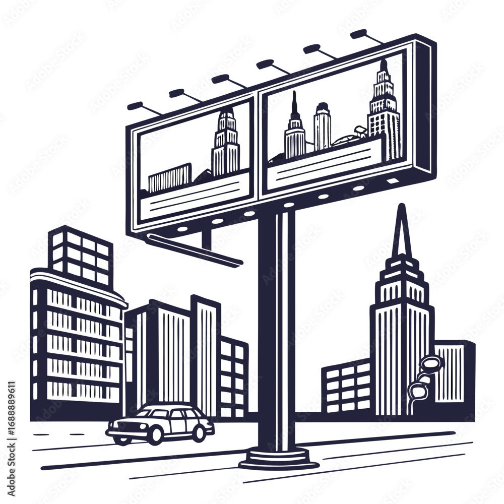 Fototapeta premium Monochrome Cityscape with Large Billboard and Car