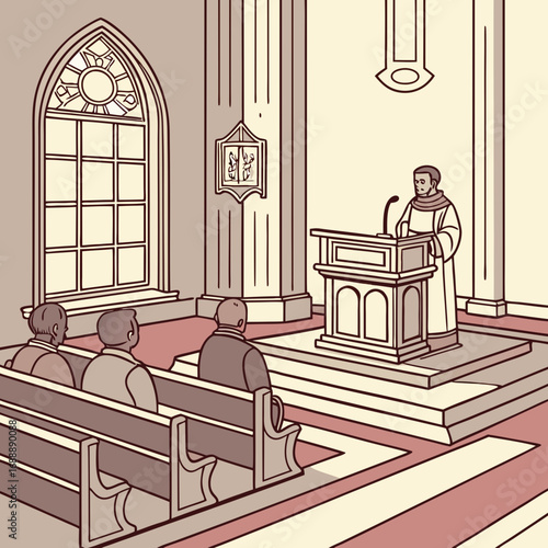 Priest Delivering Sermon to Congregation in Beige Church Interior