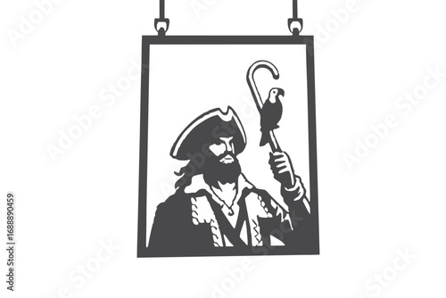 Hanging of Dark Pirate Silhouette Holding Parrot on White Background