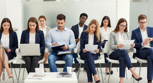 Group of male and female job seekers sitting in row on chairs waiting for job interview. Young people holding paper documents and resumes, using laptop, waiting their turn. Human resources, employment