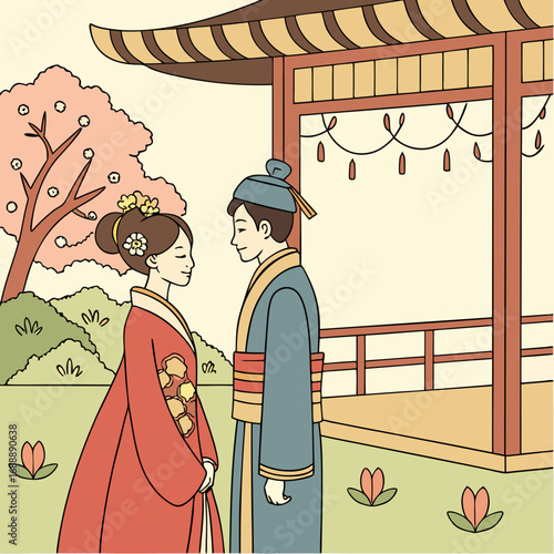 Romantic Japanese Couple in Traditional Kimono Near a Cherry Blossom Temple