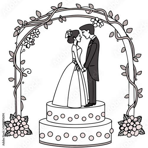 Romantic Wedding Couple Under Floral Arch Illustration