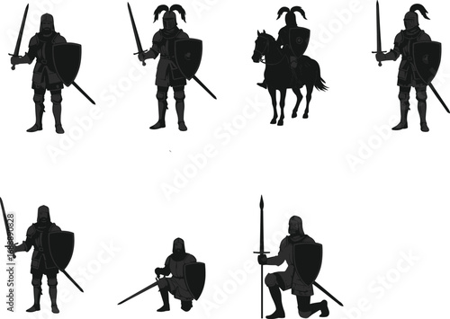 Medieval knights in battle poses with swords, shields, spears and horse, perfect for historical, fantasy or RPG themed design projects.