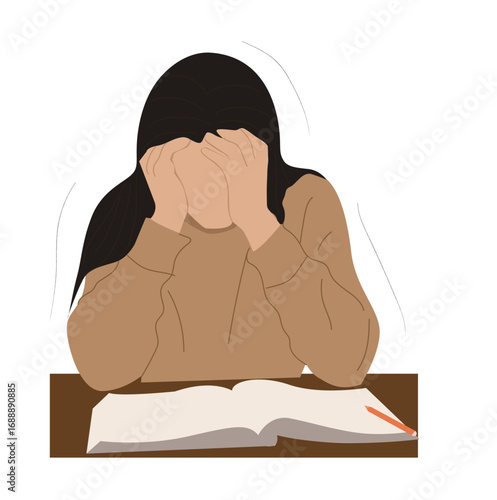 young woman stressed studying. Bored woman studying at home. 