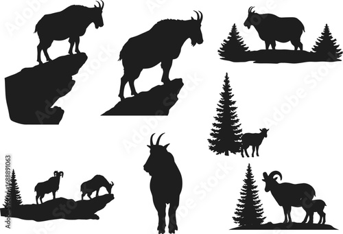 Mountain goats wildlife silhouette set featuring rocky cliffs, forest pine trees, alpine scenery, wilderness animals, and nature adventure vector art.