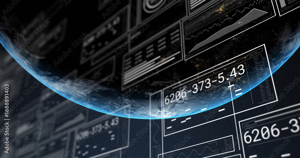 Naklejka premium Displaying curved planet horizon glowing in orbital analytics interface, with data panels and codes